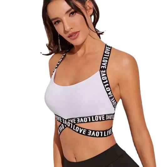 Criss Cross Back Letter Print Sports Bra for Women